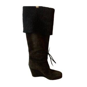 Prada Brown Suede Leather Shearling Knee High Wedge Boots 7